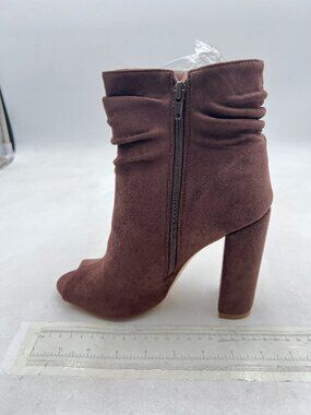 Brown Women Stylish Peep Toe Slouch Ankle Boots Chunky Stacked Heels Party Shoes